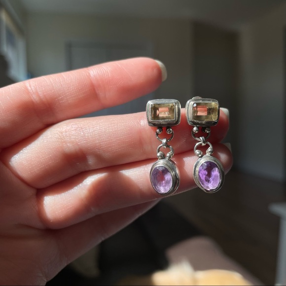 Silver Dangle Earrings with Yellow and Purple Gemstones - Picture 2 of 5